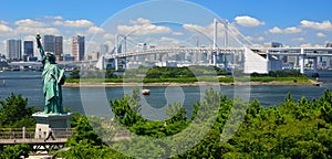 Odaiba is a large artificial island in Tokyo Bay, Japan, across the Rainbow Bridge from central Tokyo.